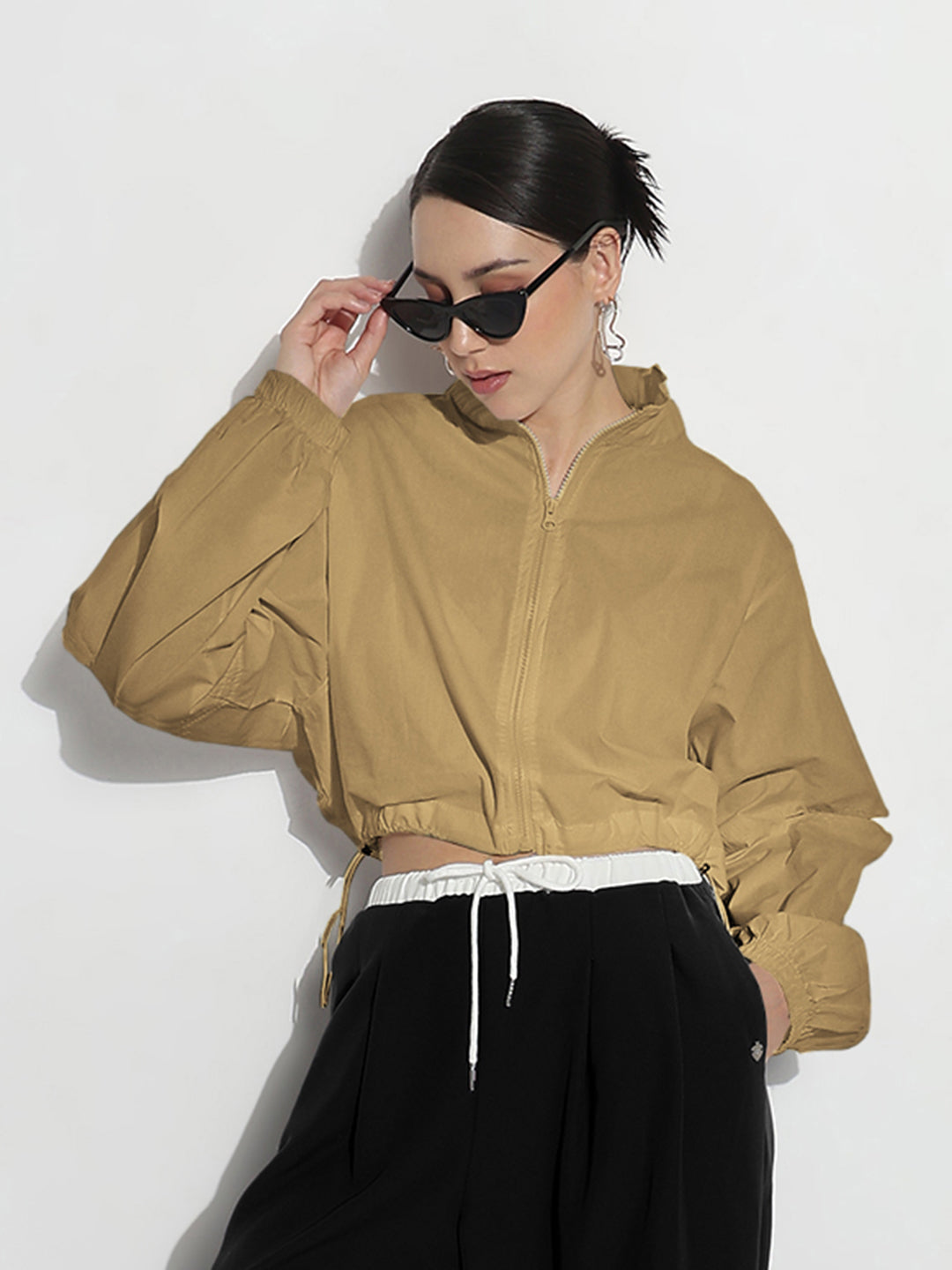 Women's Khaki Shirt Collar Crop Tailored Jacket with Slit Sleeve Details