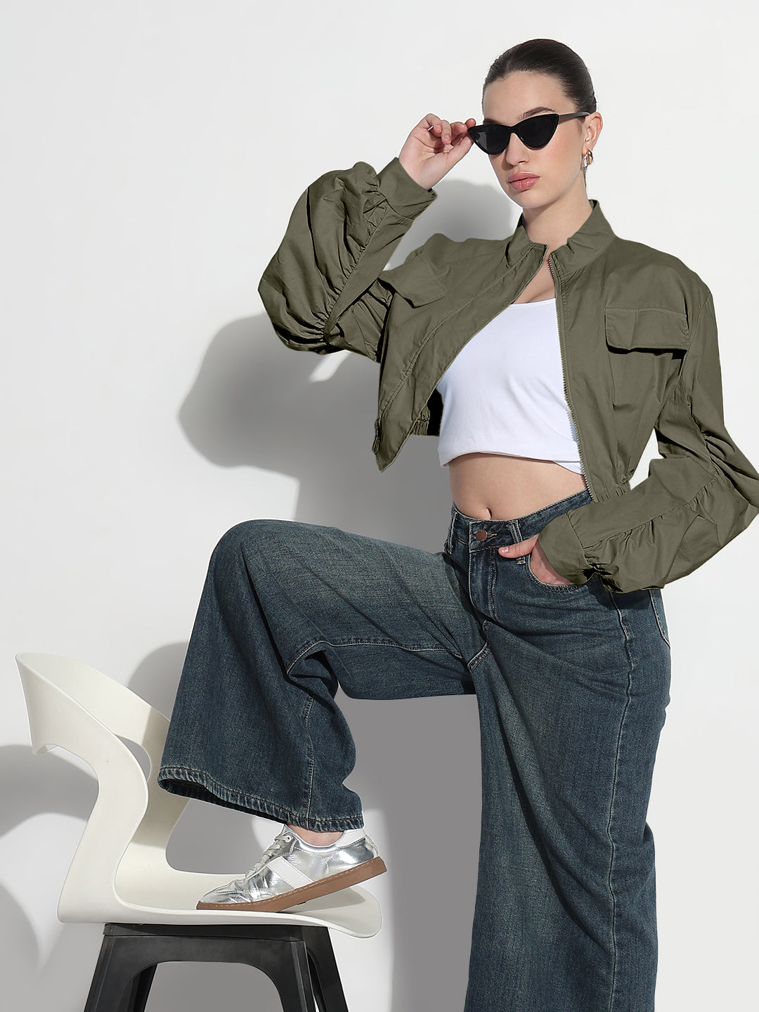 Women's Olive Shirt Collar Crop Bomber Jacket