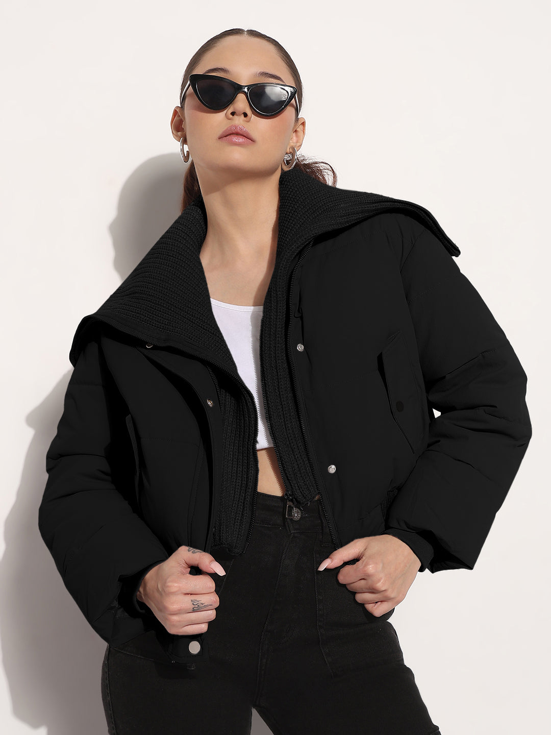 Women's Black Shawl Collar Puffer Cropped Jacket