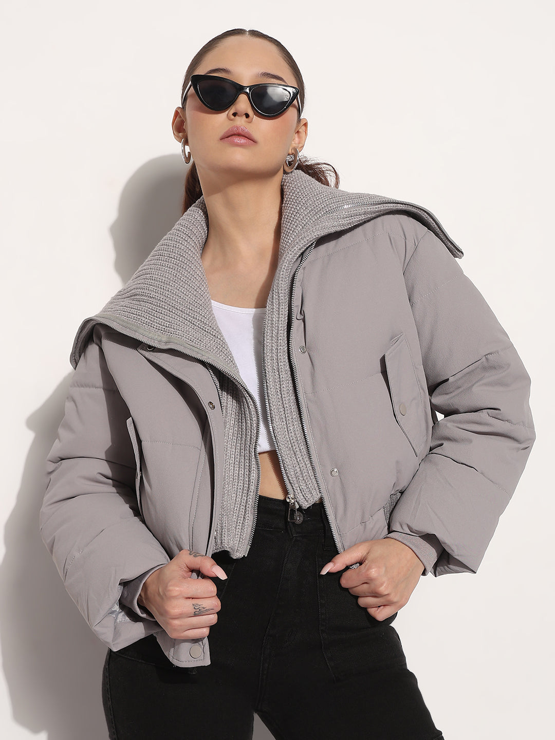 Women's Grey Shawl Collar Puffer Jacket