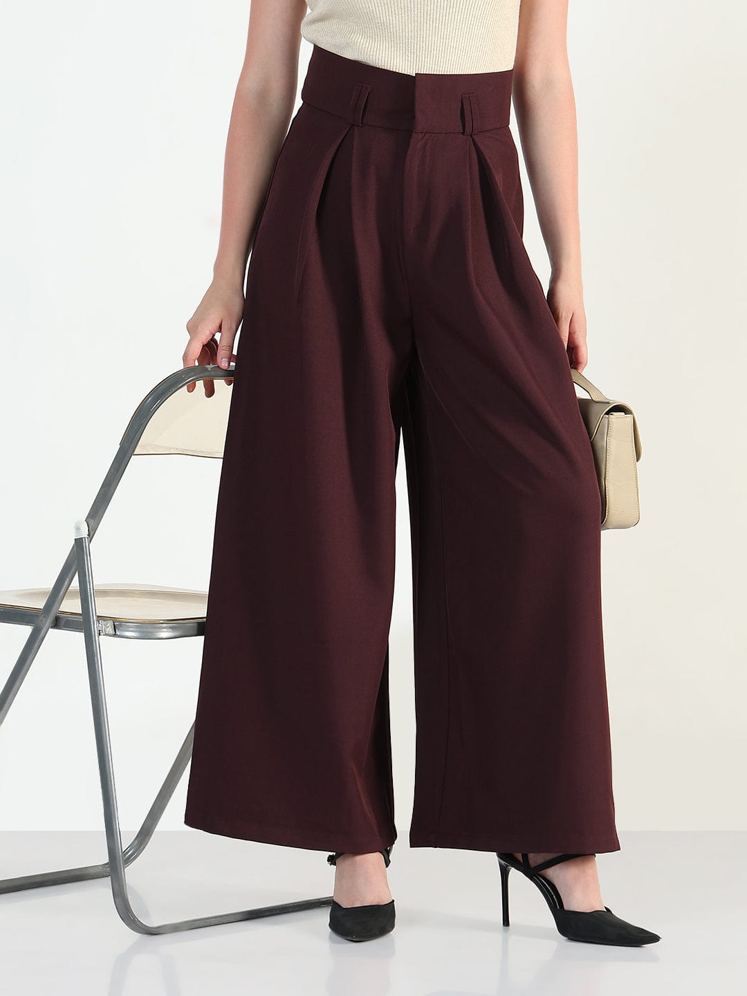 Shop Women's Burgundy Relaxed Fit Wide Leg Trousers Showoffff