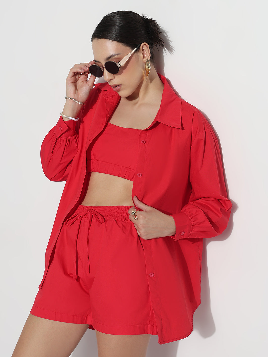 Women's Red Crop Top with Oversized Shirt and Shorts Co-ord Set