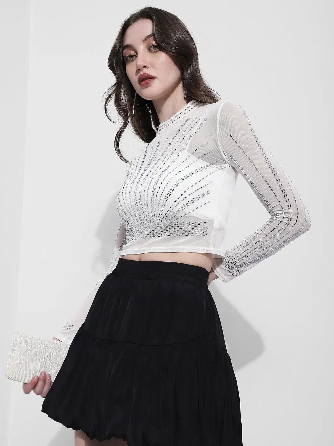 Women's Embellished White Mesh Crop Top - from SHOWOFFFF
