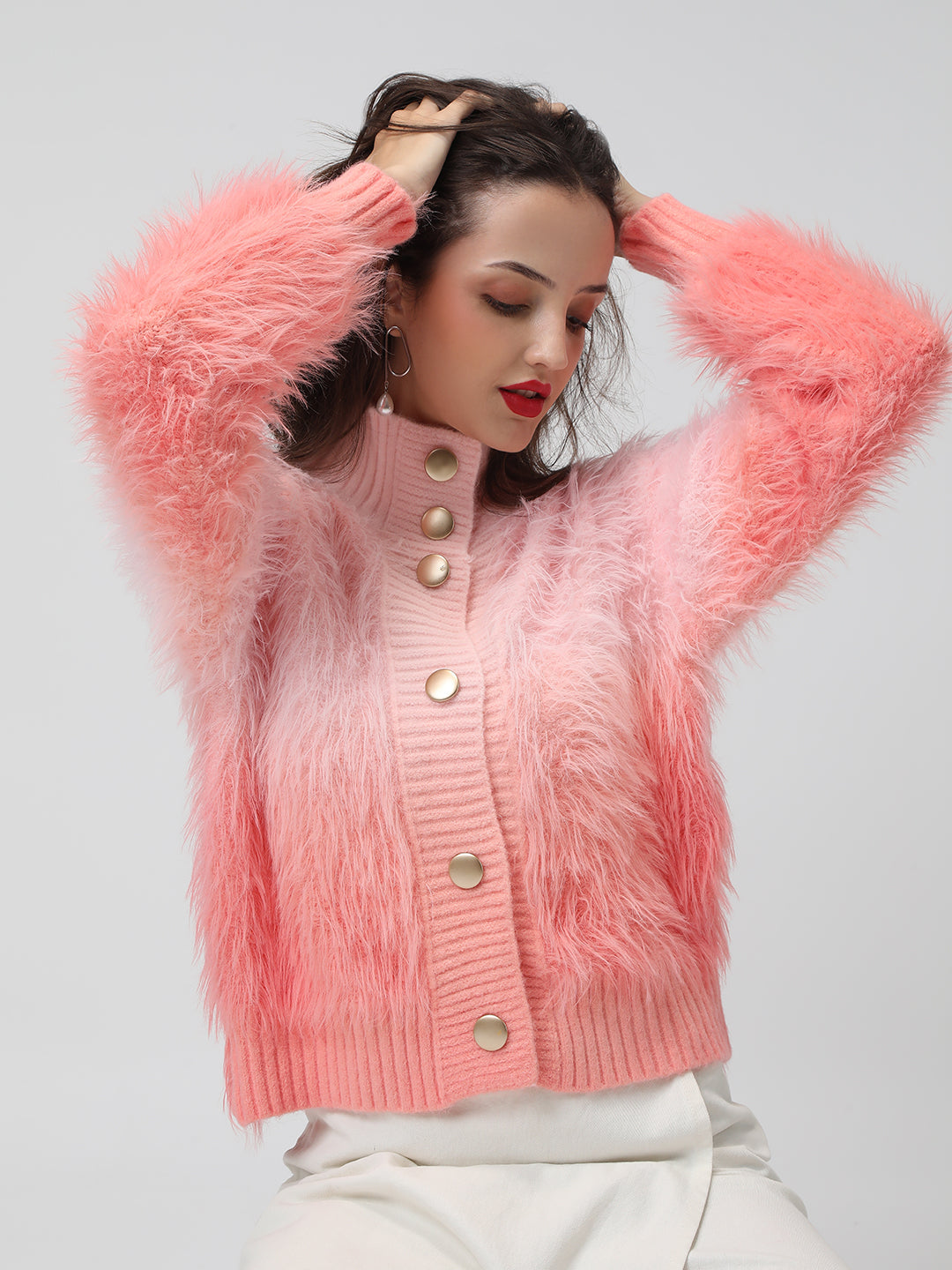 Women's Ribbed Ombre Pink Shirt Collar Cardigan with Button Detail