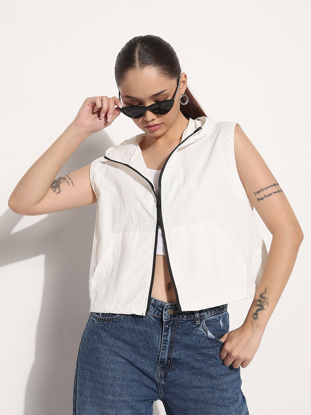 Women's White Hooded Sleeveless Bomber Jacket with Contrast Zipper