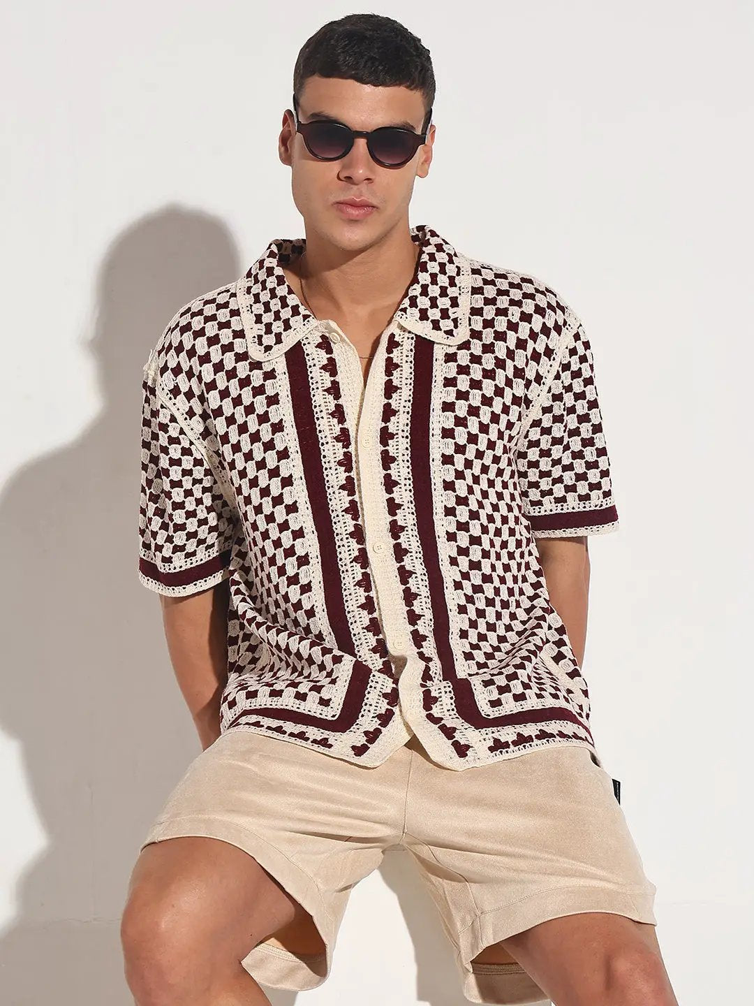 Men's Maroon Crochet Knit Short Sleeve Button-Down Shirt - from SHOWOFFFF