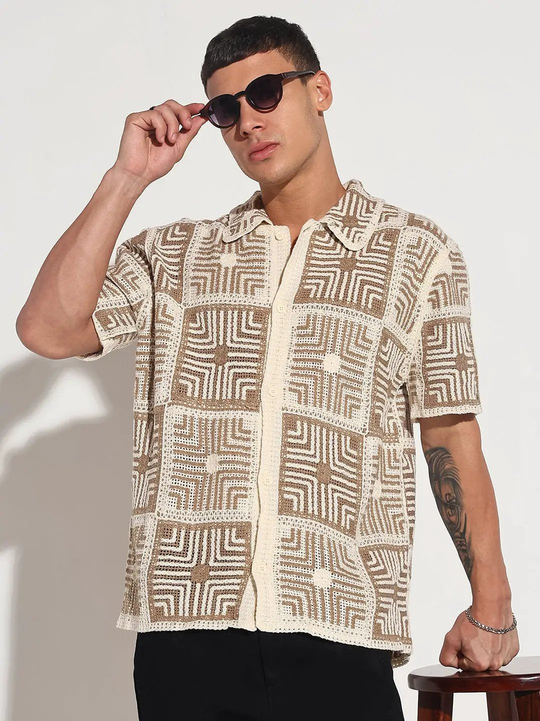 Men's Beige Crochet Geometric Pattern Short Sleeve Shirt - from SHOWOFFFF