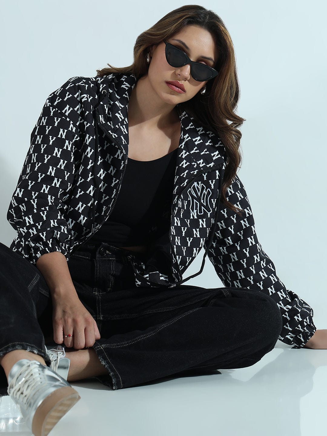 Buy Women's Printed Black and White Oversized Bomber Jacket with