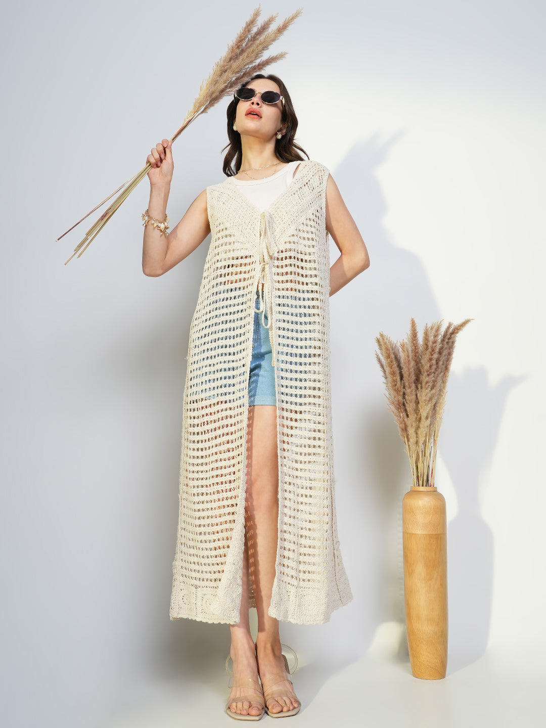 Pinterest Long Shrugs SHOWOFFFF Women's Solid Cream Longline