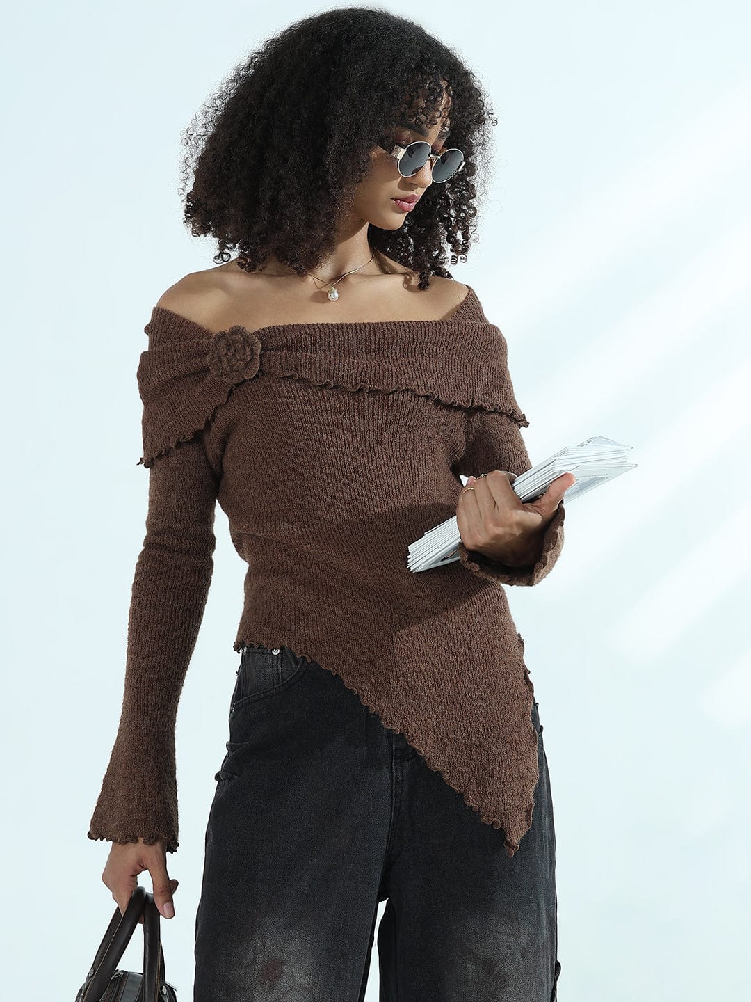 Buy Textured Brown Asymmetric Off-shoulder Knit Top Showoffff