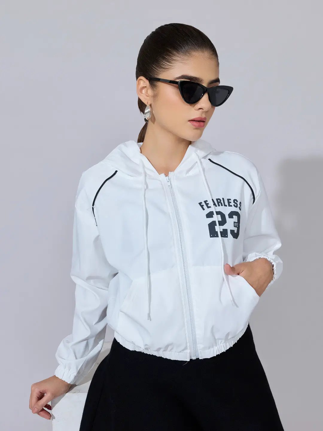 Women's Printed White Black Hooded Zip-Up Jacket - from SHOWOFFFF