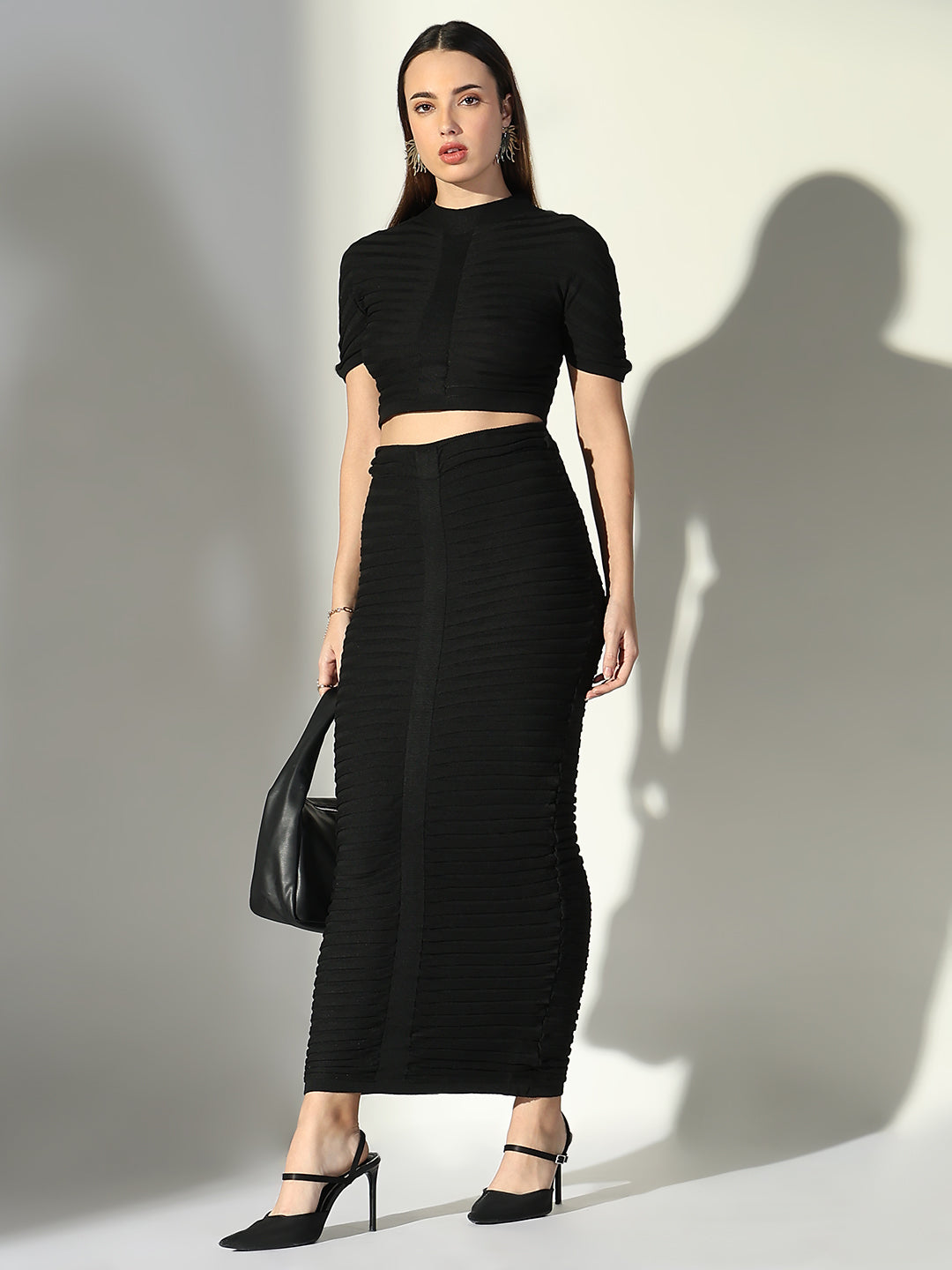Buy Women's Textured Black Crop Top with Maxi Skirt Co-Ords Set