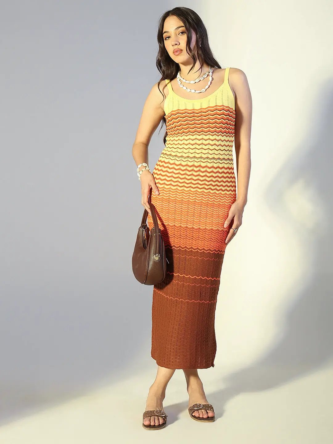 Shop Women's Colour blocked Brown Chevron Knit Maxi Dress| Showoffff