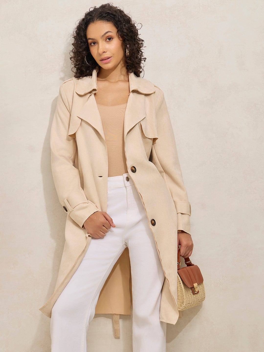 Buy Women's Cream Trench Coat with Shoulder Flaps and Belt Online