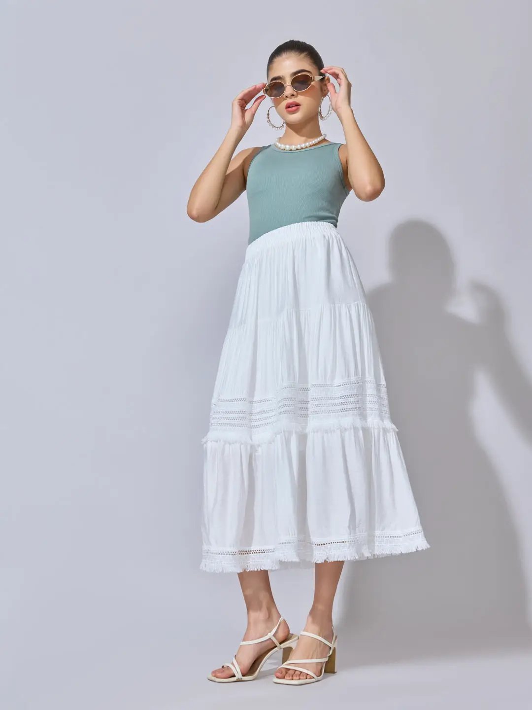 Women's Lace Panel White Tiered Midi Skirt with Frill Hem - from SHOWOFFFF