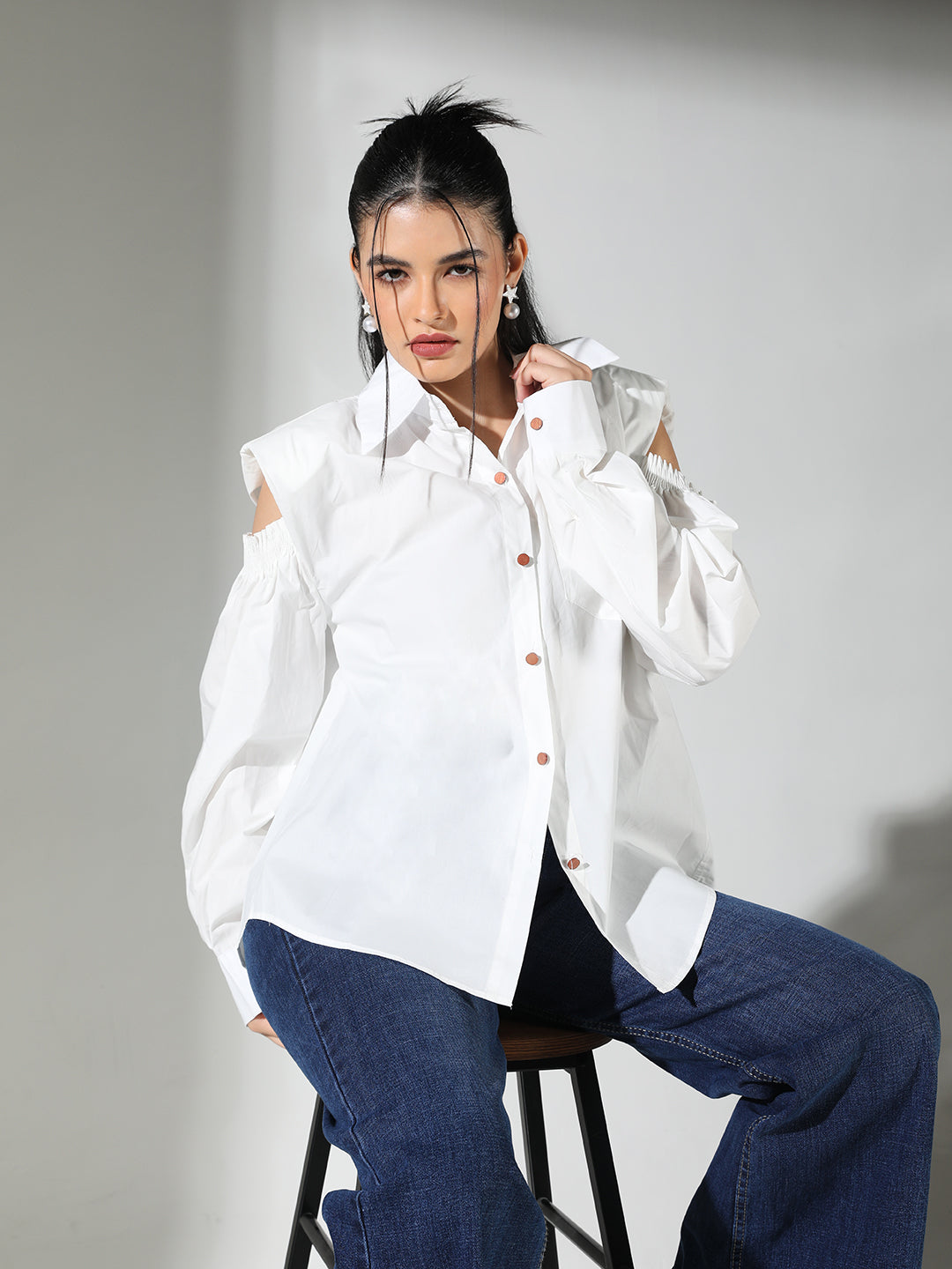 Shop Women's White Cold Shoulder Shirt with Shoulder Pads Showoffff