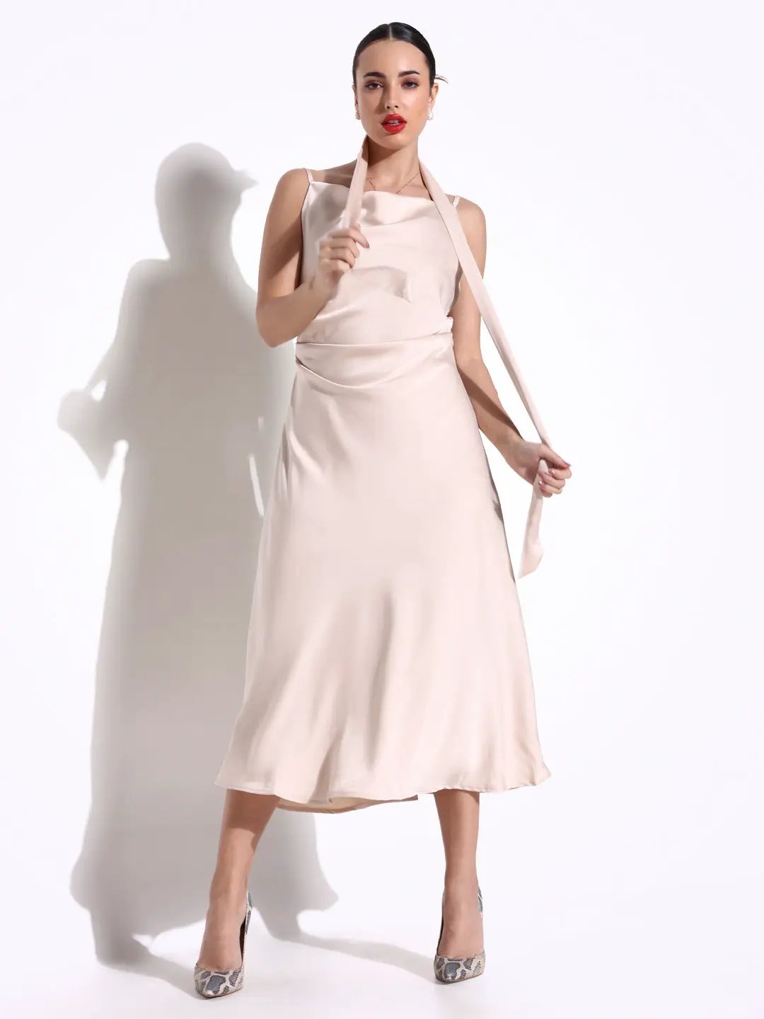 Beautiful Women's Cream Satin Cowl Neck Slip Dress with