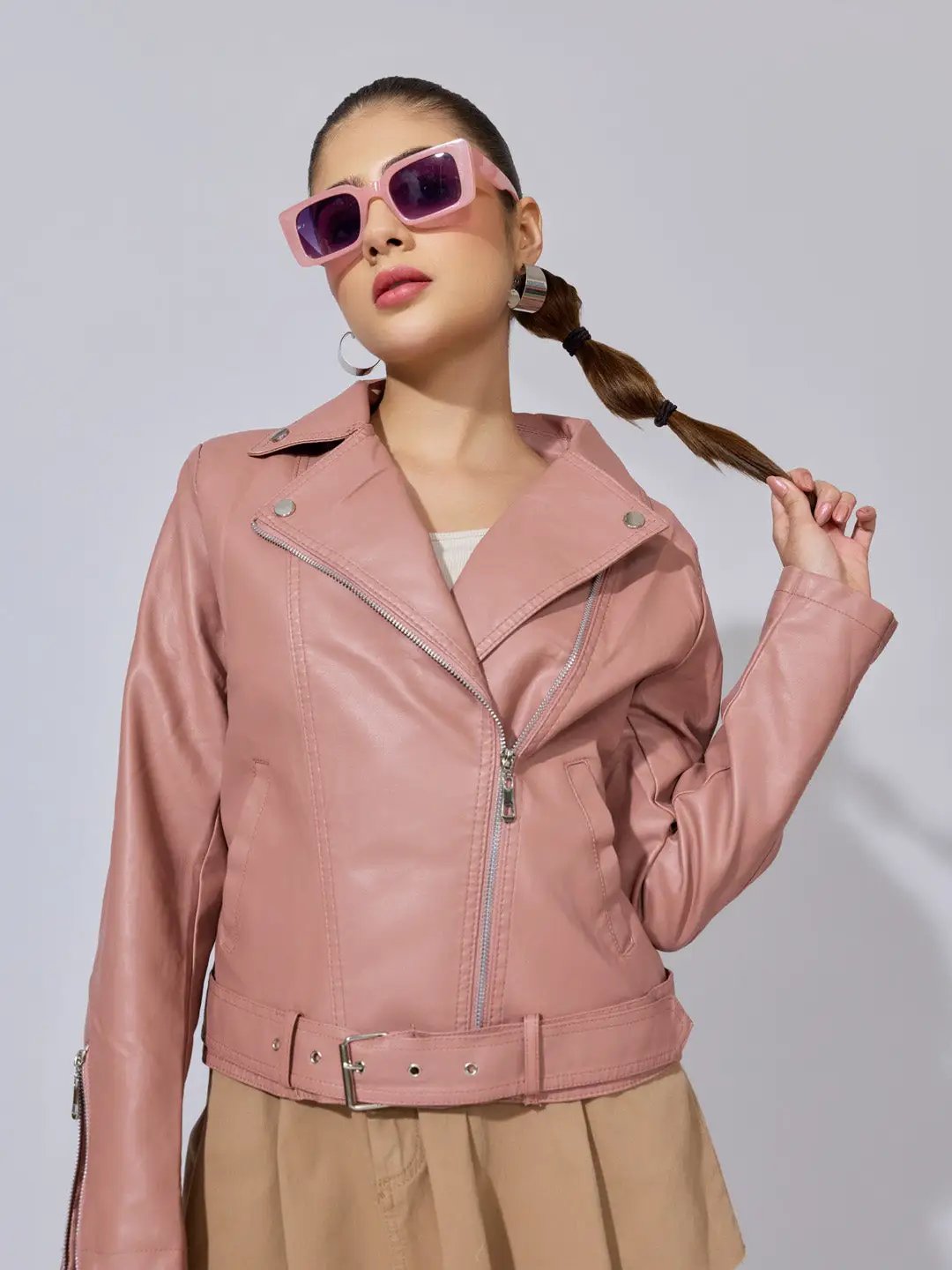 Women's Pink Faux Leather Biker Jacket with Asymmetric Zip - from SHOWOFFFF