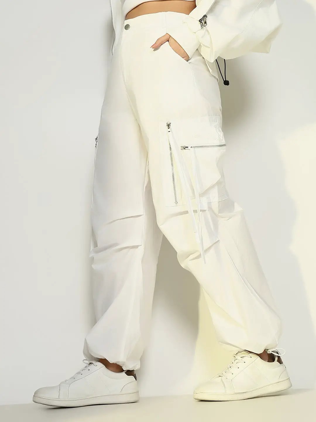 Women's White Parachute Pants with Side Pocket and Zip Detail - from SHOWOFFFF