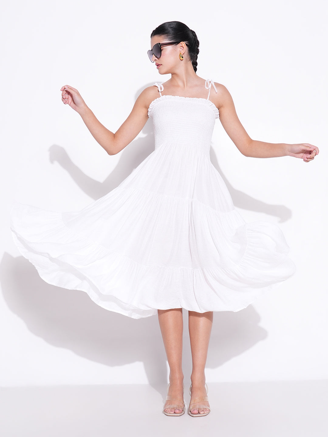 Gorgeous Women's Smocked White Fit and Flare Tiered Midi Showoffff