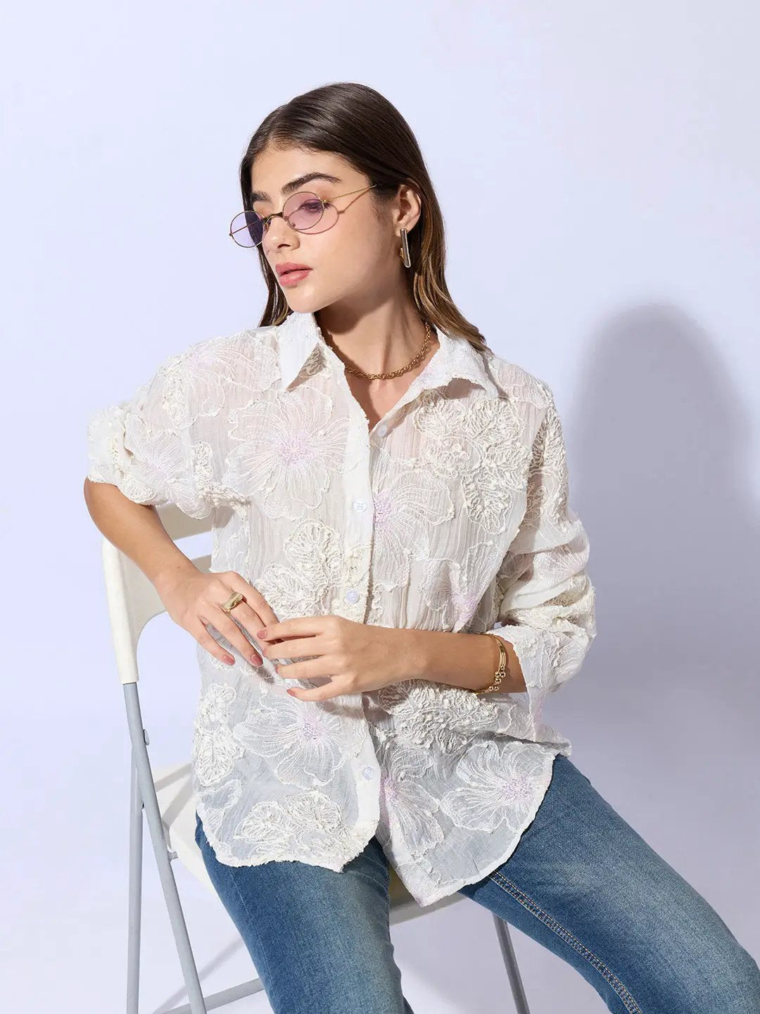 Women's Floral Textured Cream Sheer Shirt - Uncategorized from SHOWOFFFF