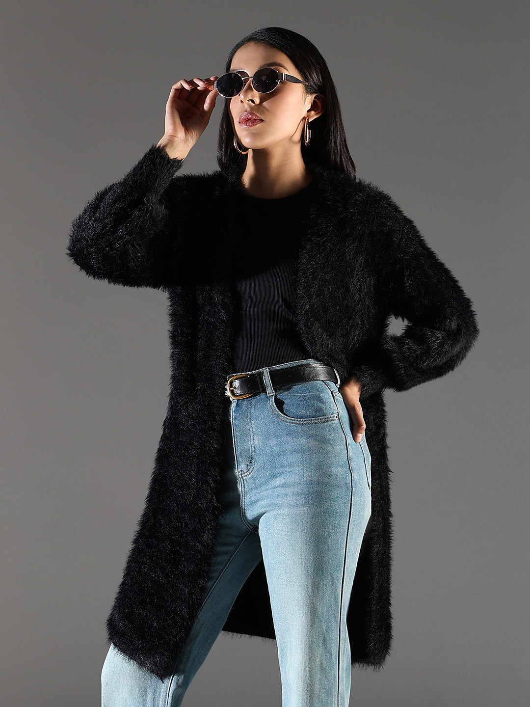 Shop Women's Fuzzy Black Open Front Long Shrug Showoffff - Main Image