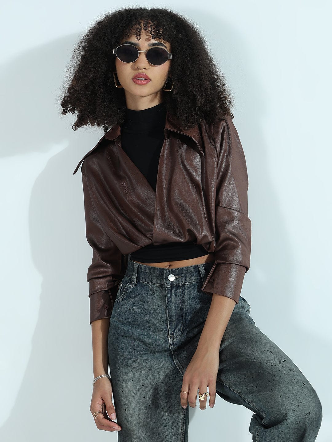 Buy Brown Faux Leather Shirt Style Crop Top Showoffff