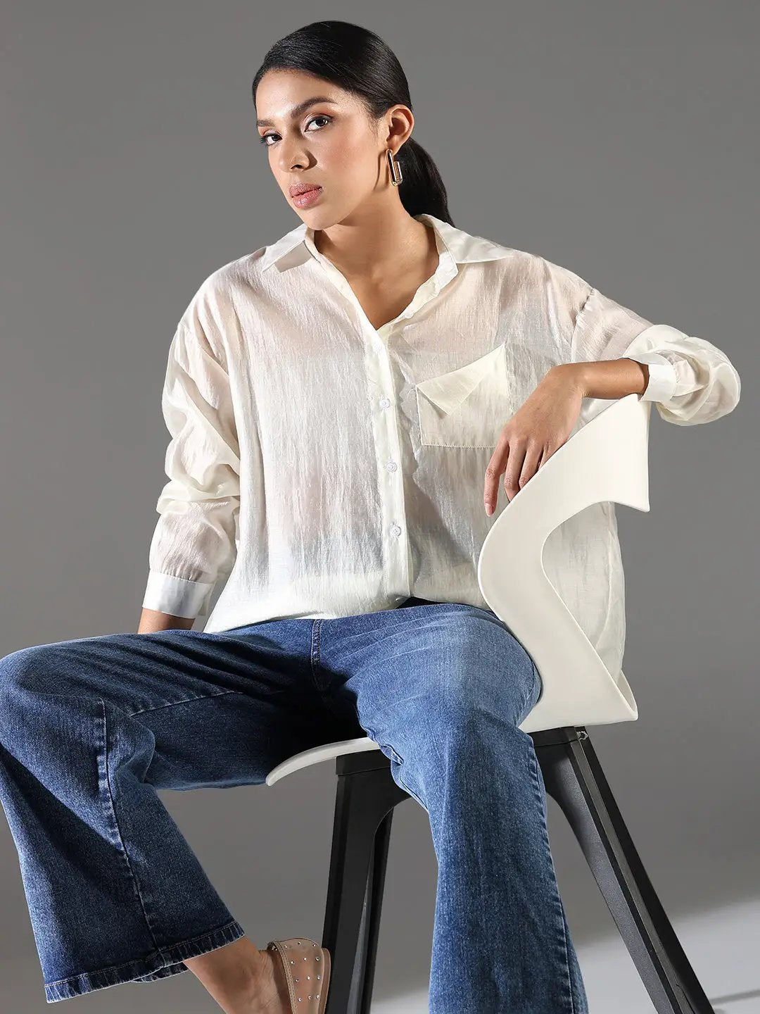 Women's Cream Comfort Semi Sheer Casual Shirt