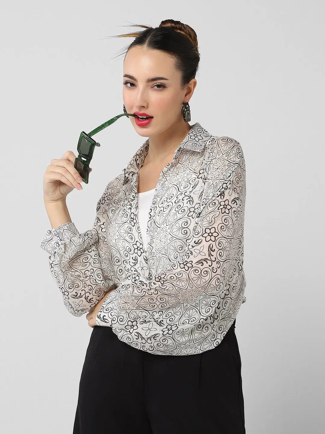 Women's Grey Comfort Semi Sheer Printed Casual Shirt - from SHOWOFFFF