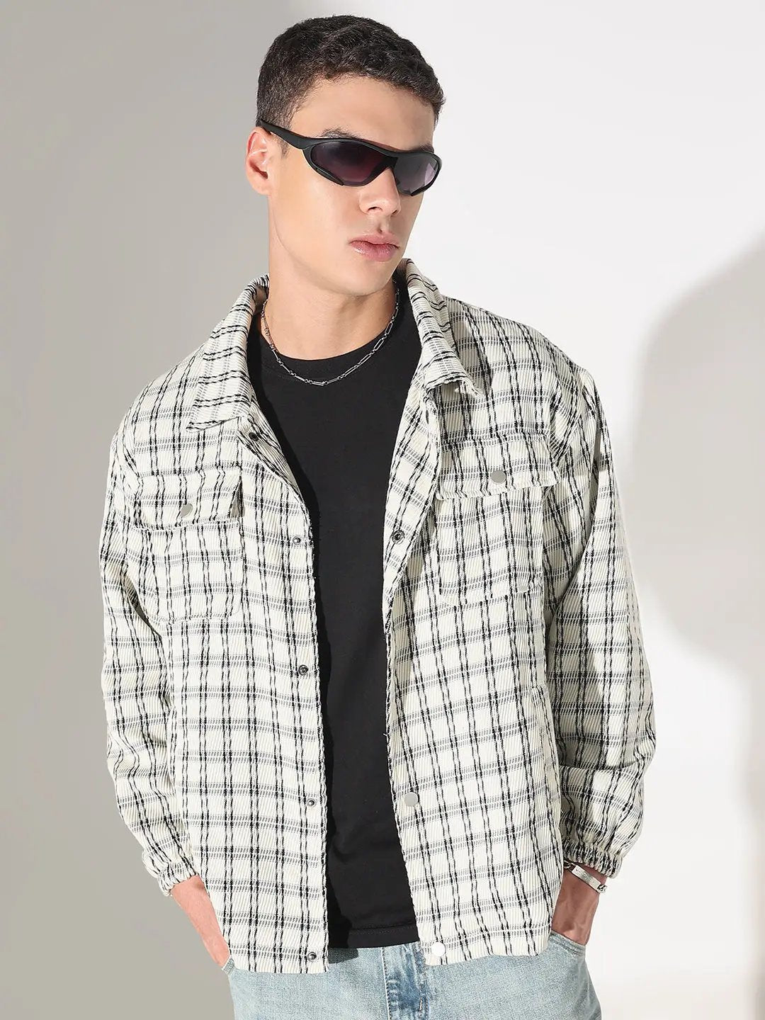 Men's Checked Cream Relaxed Fit Button Down Shirt with Chest Pockets - Uncategorized from SHOWOFFFF