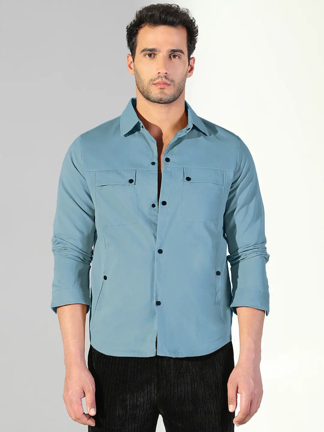 Men's Blue Snap Button Regular Fit Shacket - from SHOWOFFFF