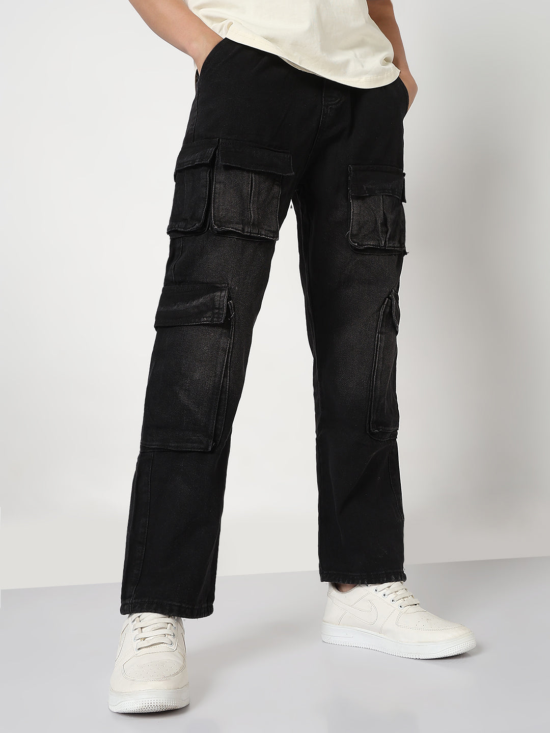Shop Men's Black Straight Fit Cargo Jeans Showoffff