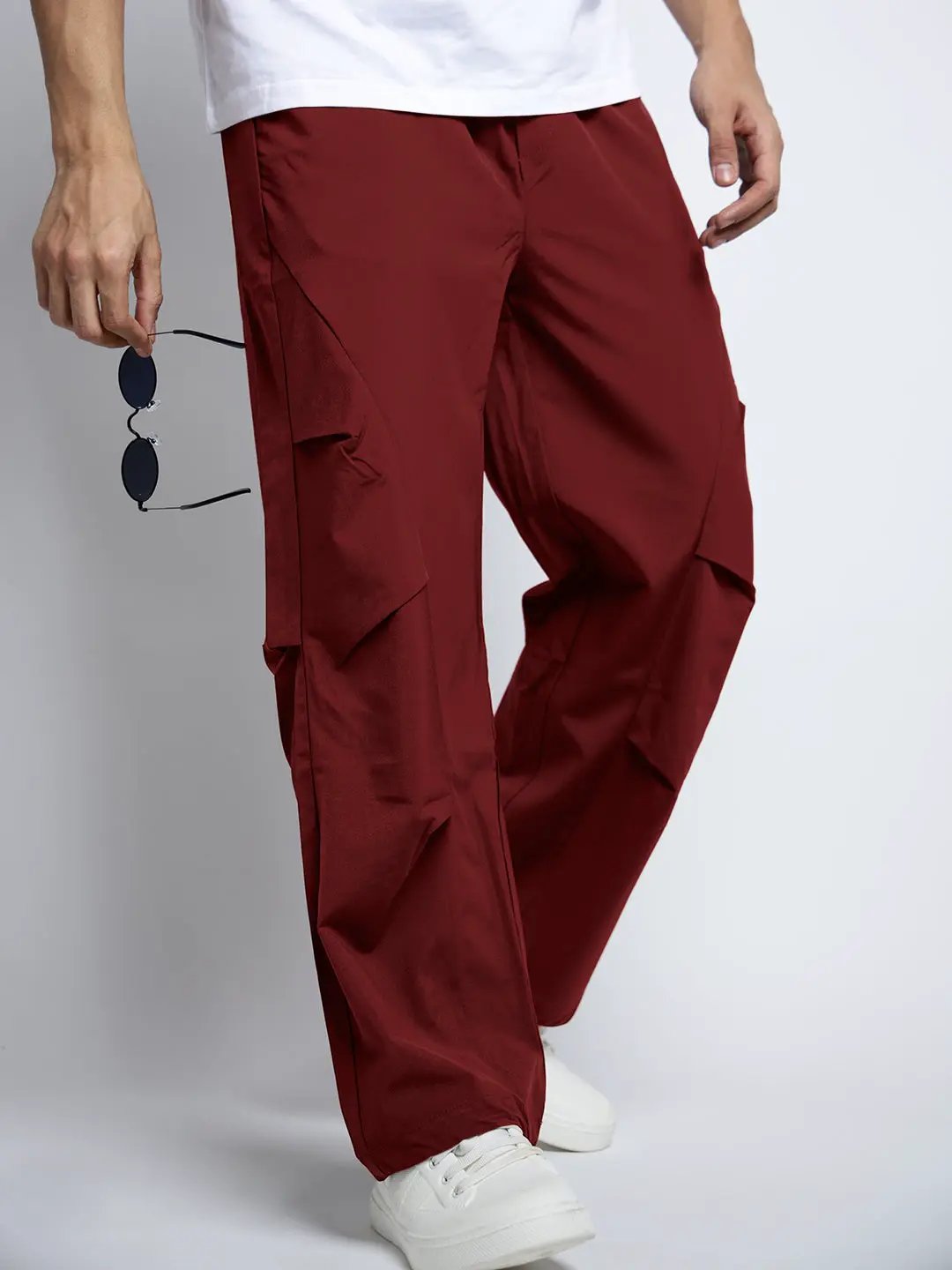 Men's Red Loose Fit Parachute Trousers with Side Stylized Pleats - from SHOWOFFFF