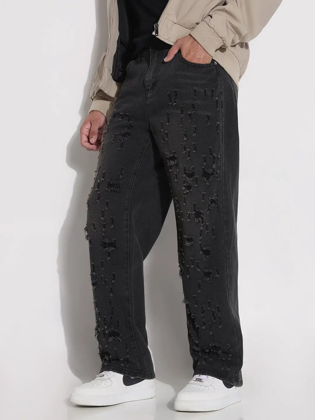 Men's Black Distressed Wide Leg Jeans - from SHOWOFFFF
