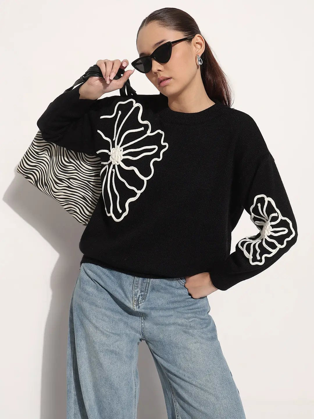Women's Floral Embroidered Black Round Neck Knit Pullover Top - from SHOWOFFFF