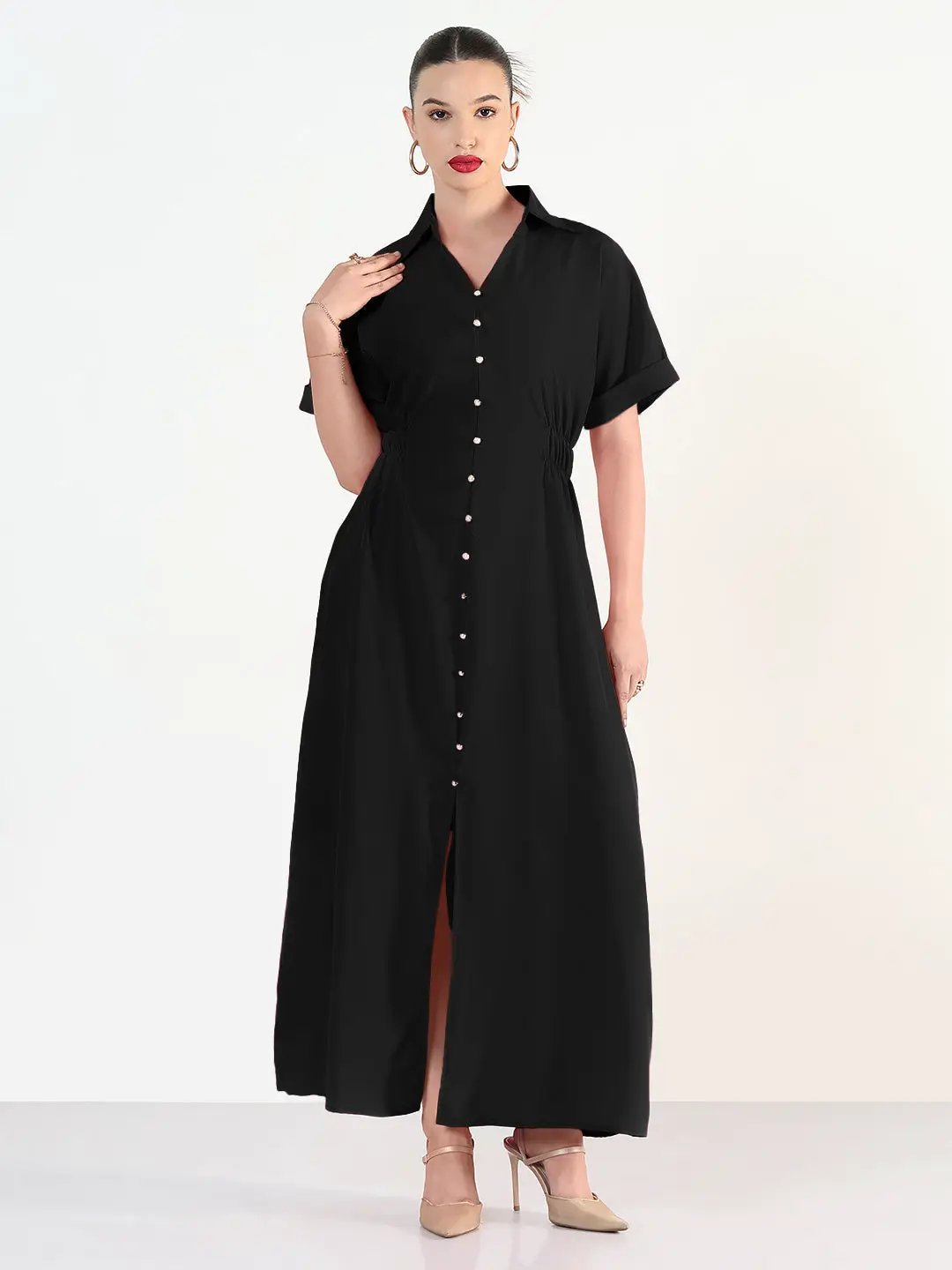 black shirtwaist dress Black Linen Shirt Dress - Modest Simple Dress With Pockets by Mrs Pomeranz