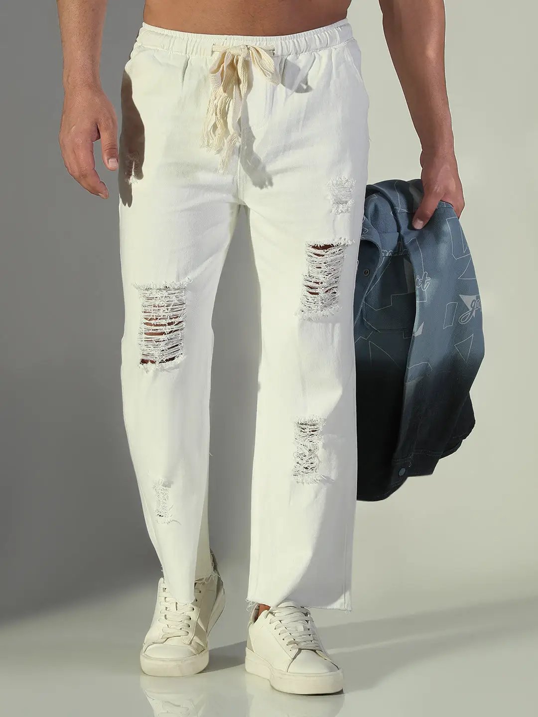 Men's White Straight Fit Ripped Jeans - from SHOWOFFFF