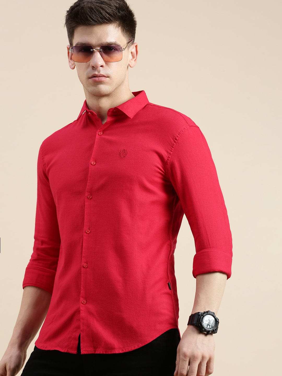 SHOWOFFFF Men's Spread Collar Solid Red Shirt - Main Image