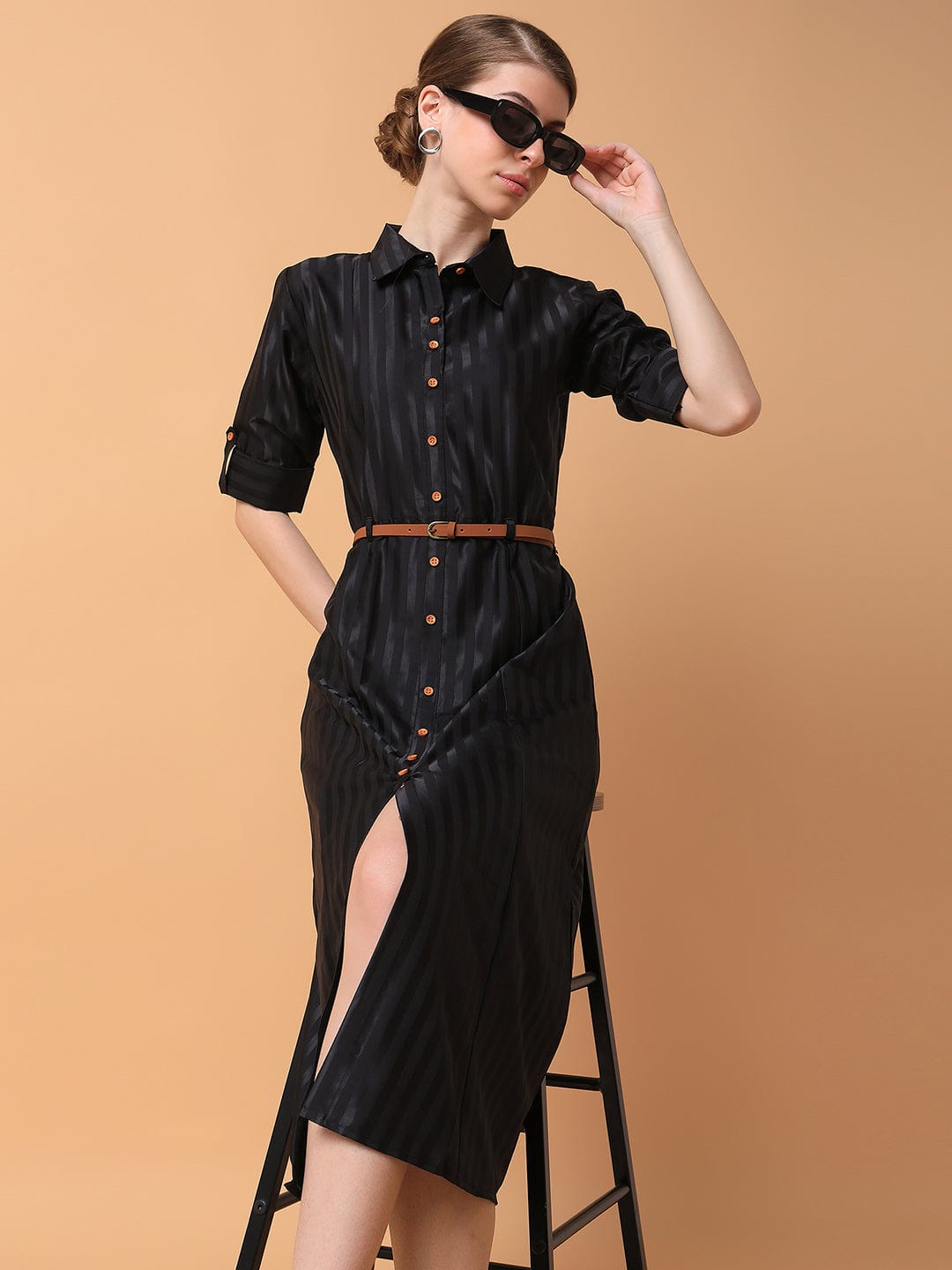 Chic Women's Solid Black Midi Shirt Style Dress with Showoffff