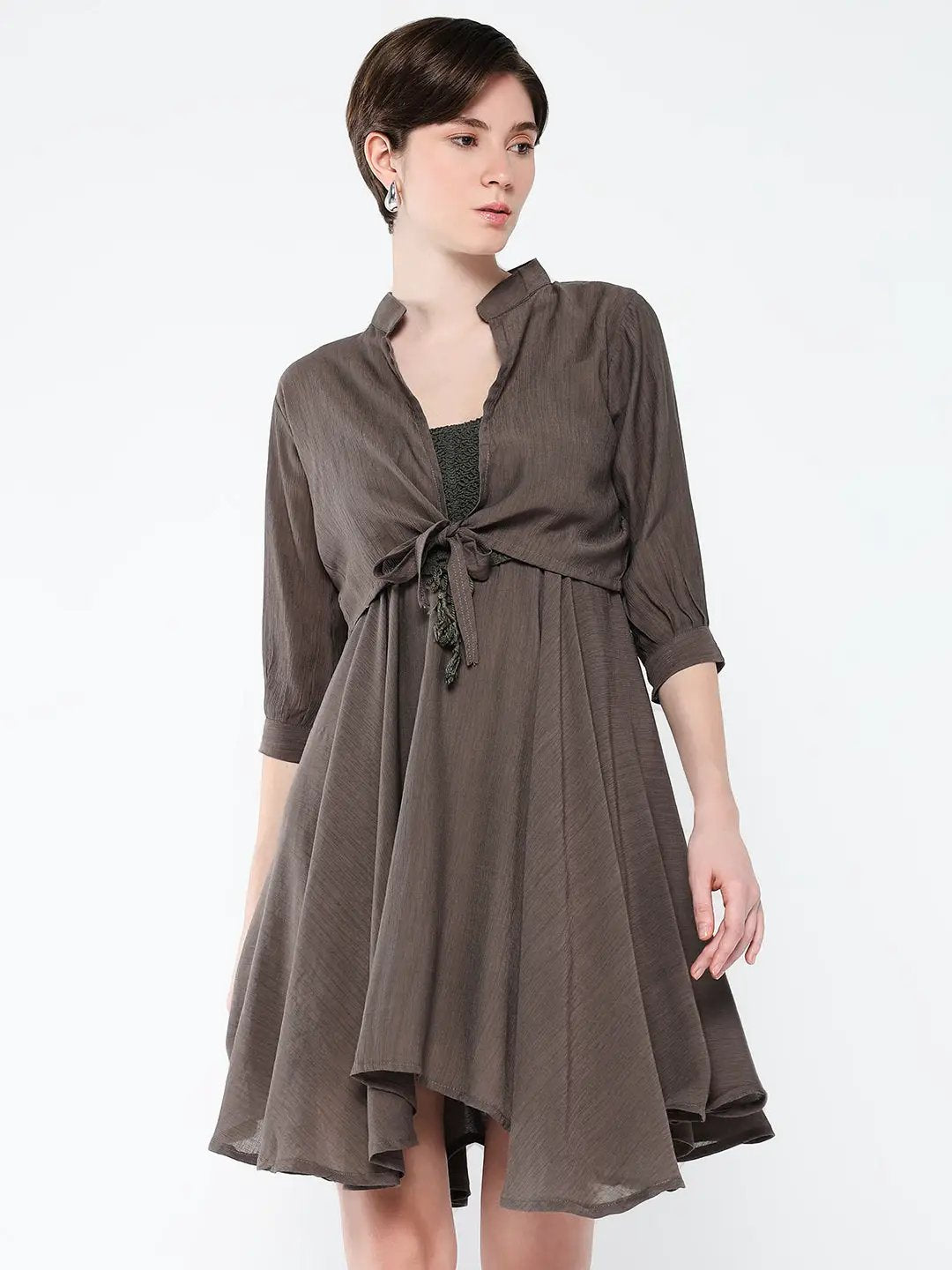 Shop Women's Casual Solid Olive Fit and Flare Dress with Shrug| Showoffff