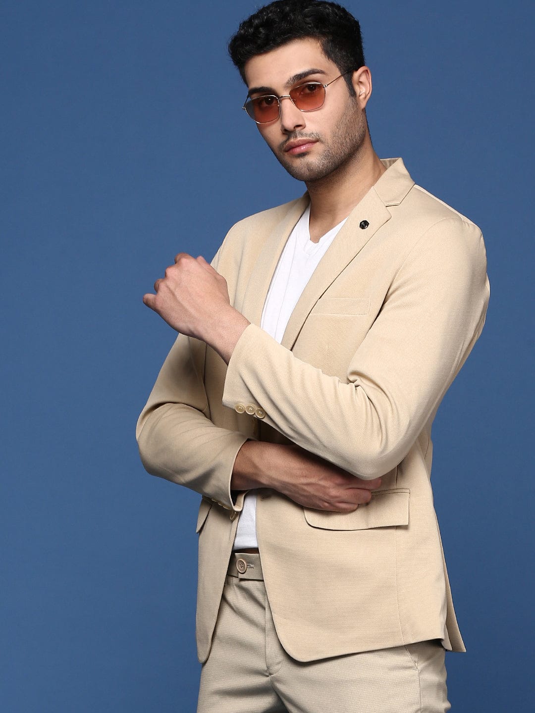 Buy Men's Beige Slim Fit Single Breasted Cotton Blazer Online