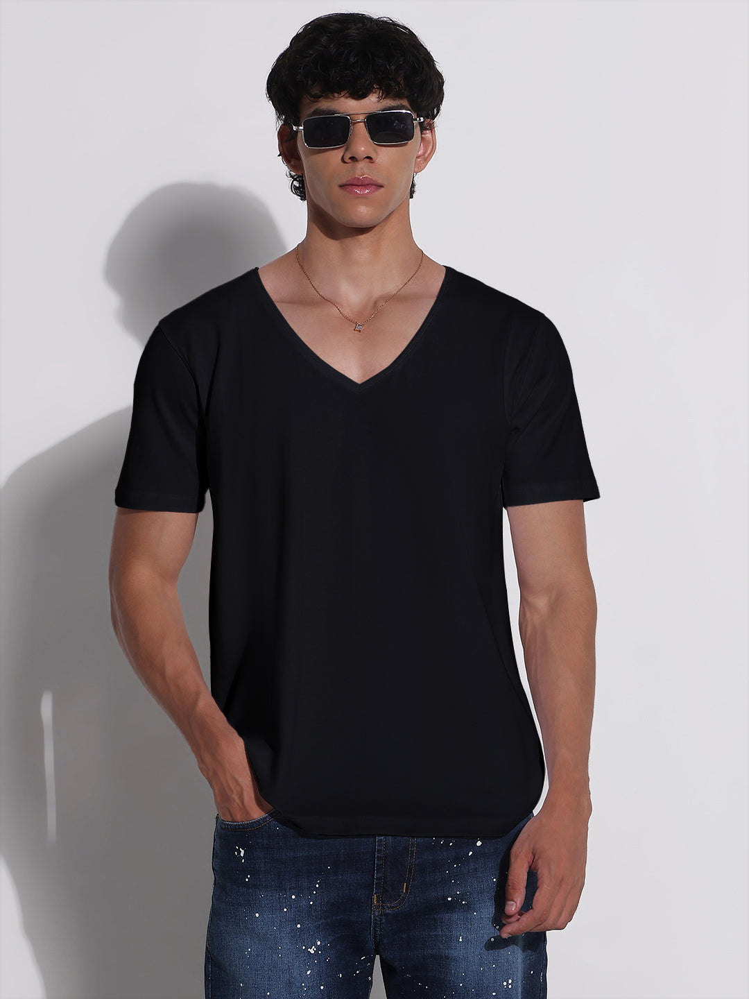 Buy Men's Black V-Neck Regular Fit T-Shirt Online Showoffff