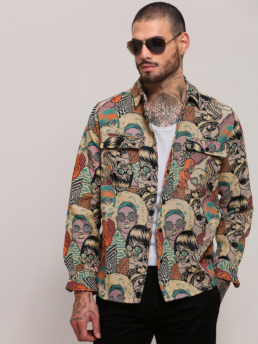 Shop Men's Beige Graphic Printed Shacket Showoffff Fast Fashion