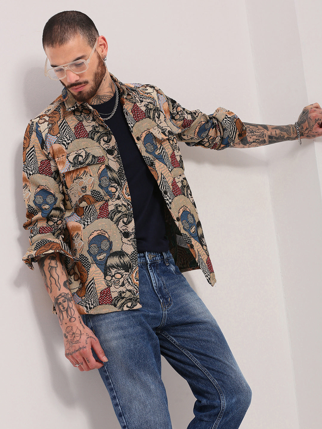 Shop Men's Beige Graphic Printed Shacket Showoffff Fast Fashion