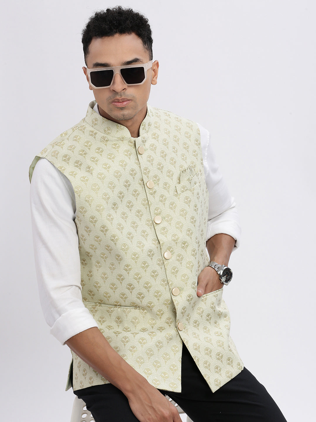 SHOWOFFFF Men's Green Printed Nehru Jacket