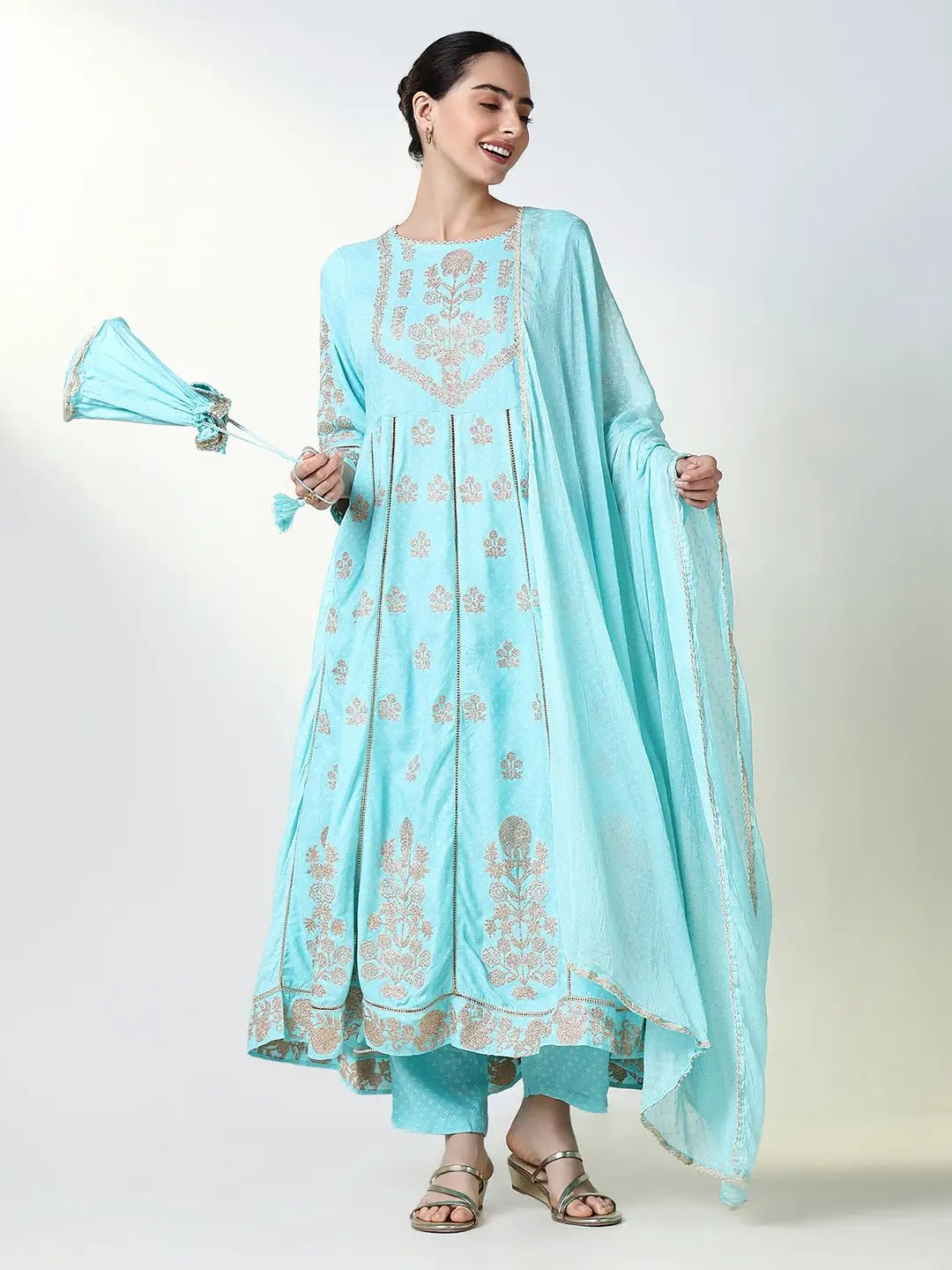 Women's Blue Floral A Line Kurta Set