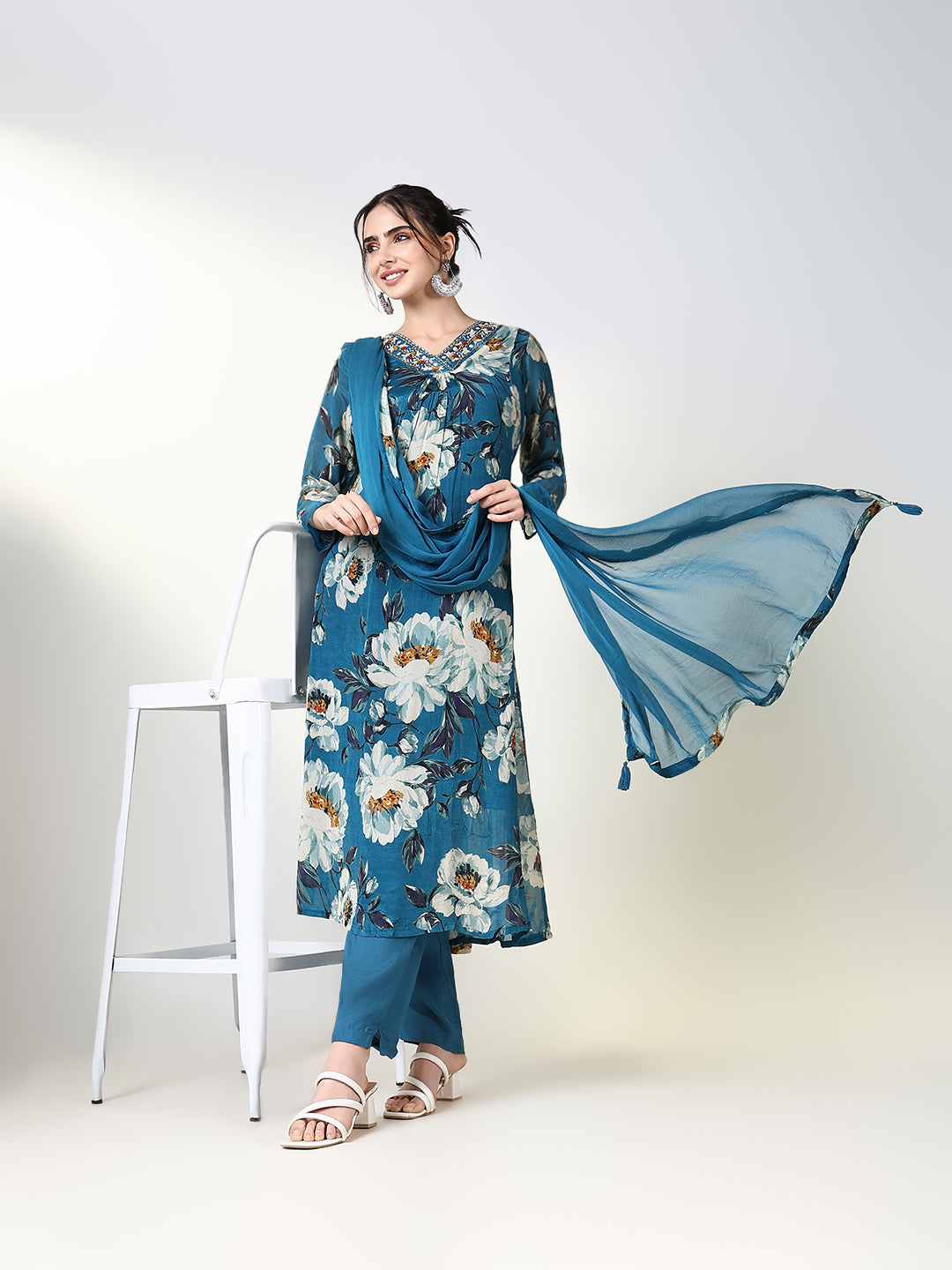 Shop Women's Printed Floral Blue Anarkali Kurta Set with Dupatta
