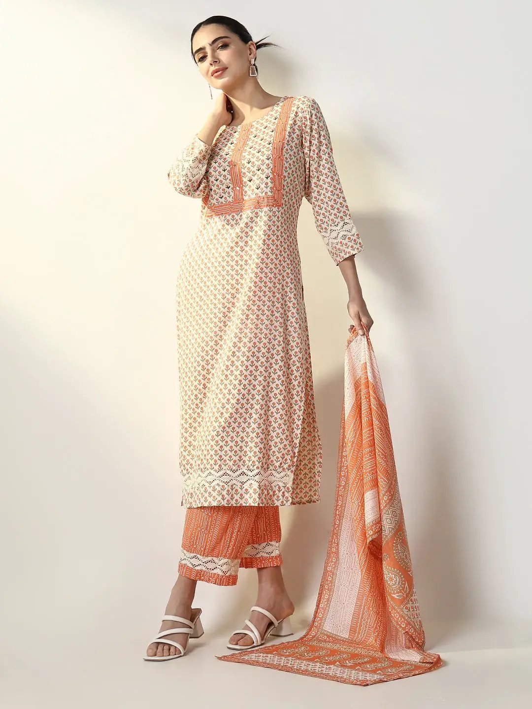 Orange Abstract Printed Tiered Spaghetti Kurta and Leggings Set with Dupatta main image 0