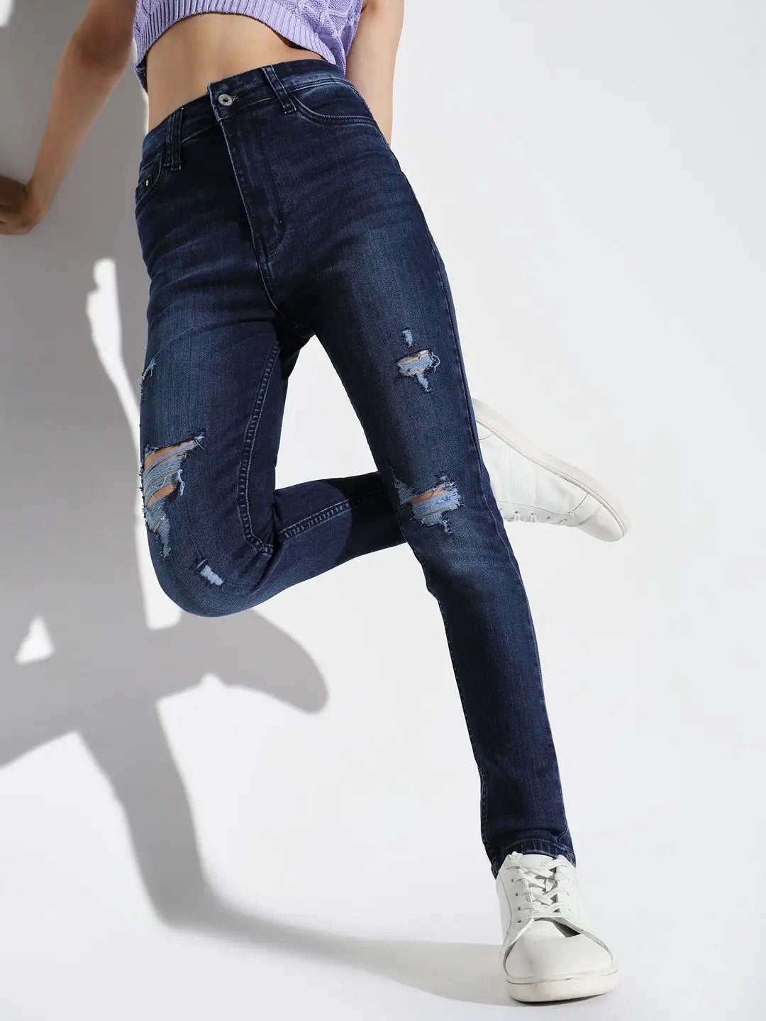 Women's Navy Blue Cotton Comfort Skinny Fit Light Fade Acid Wash Stretchable Jeans - from SHOWOFFFF