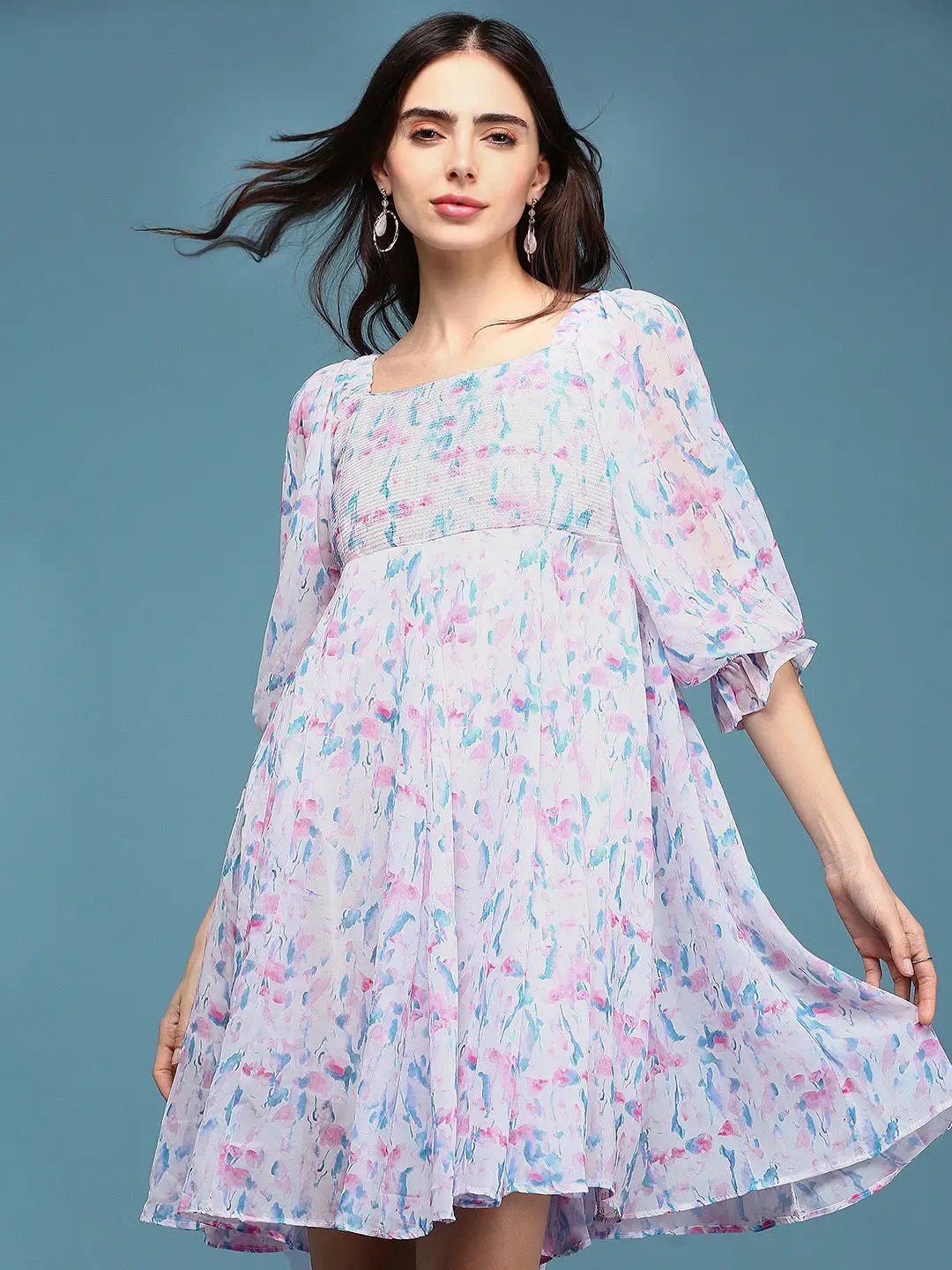 Fit-and-Flare Puff Sleeve Square Neckline Tailored Dress- White Floral main image 0